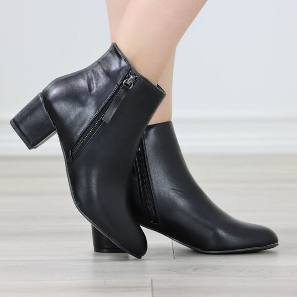 Womens Ankle Boots Low Block Heel Black Synthetic Leather Pointed Toe - Picture 10 of 12